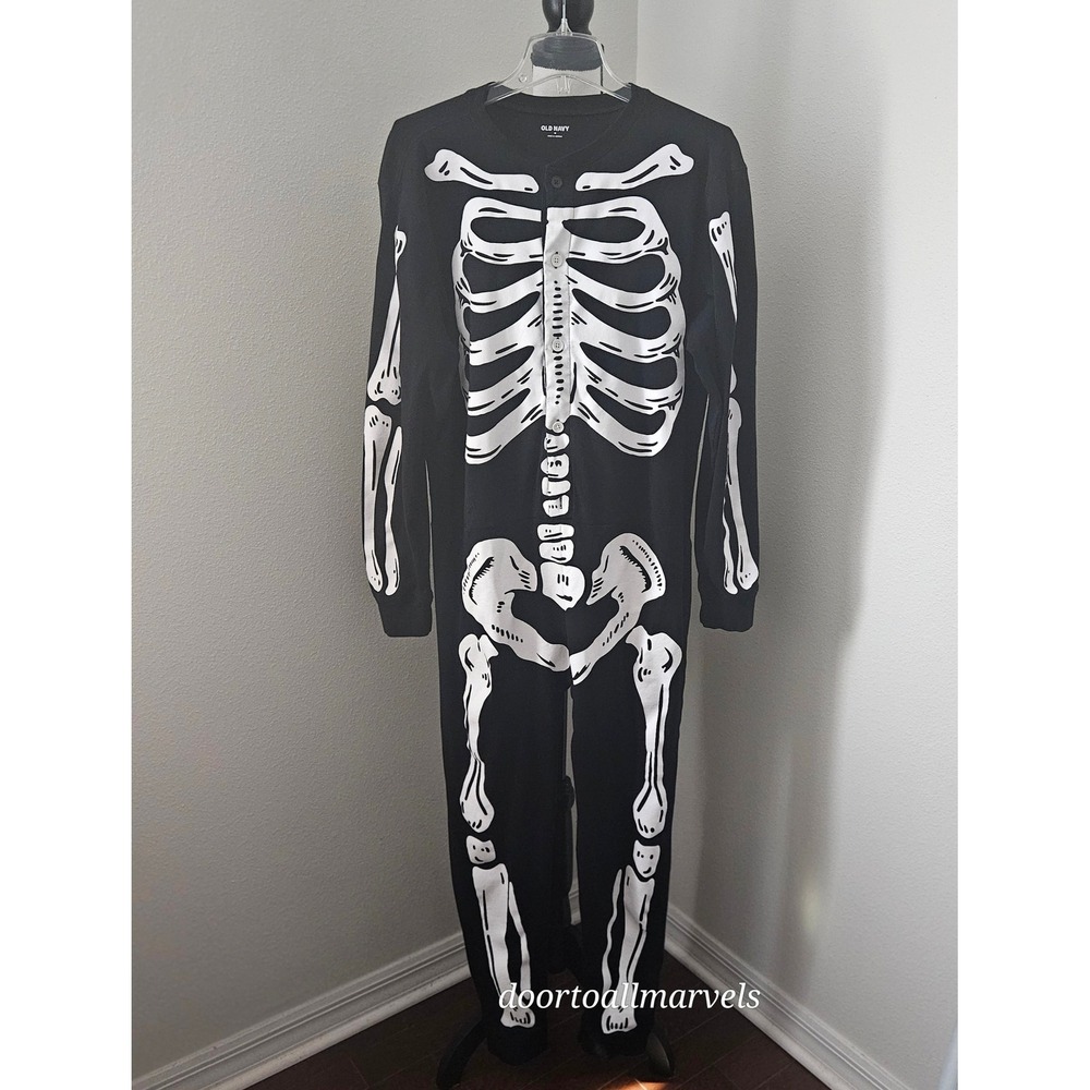 Old Navy Skeleton Body-Suit Costume 100% Cotton Pajamas Halloween Adult sz M EUC